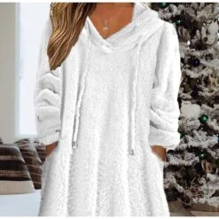 Women‘s Fleece Sweatshirt Dress Winter DressWhite Dress Midi Dress White 3/4 Length Sleeve Pure Color Pocket Winter Fall Hooded Casual Modern 2022 S M L XL 2XL 3XL -Tesla Style vzqmgg1666065560072