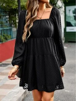 Women's Work Dress Black Dress Semi Formal Dress Fashion Mini Dress Ruched Square Neck Long Sleeve Plain Loose Fit Black Red Army Green Fall S M L XL -Tesla Style vzvtnr1693300575510