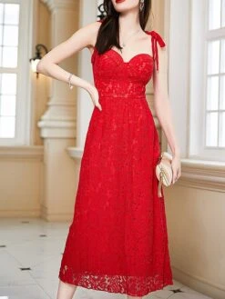 Women's Party Dress Lace Dress Cocktail Dress Midi Dress Red Sleeveless Pure Color Lace Summer Spring Fall Spaghetti Strap Fashion Wedding Guest Vacation Summer Dress 2023 S M L XL -Tesla Style vzyqht1690276036528