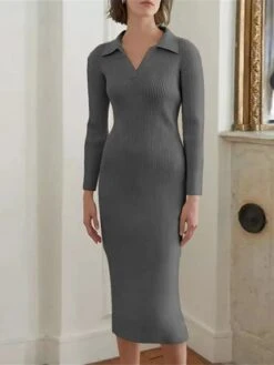 Women's Sweater Dress Winter Dress Jumper Dress Midi Dress Ruched Street Daily Holiday Fashion Streetwear V Neck Long Sleeve 2023 Regular Fit Black White Dark Gray Color S M L Size -Tesla Style wabmgc1692938584820