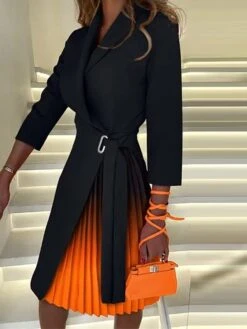 Women‘s Work Dress Blazer Dress And Jacket Set Black Dress Knee Length Dress Black White Pink Long Sleeve Color Gradient Pleated Fall Winter Autumn Shirt Collar Elegant Winter Dress Fall Dress 2023