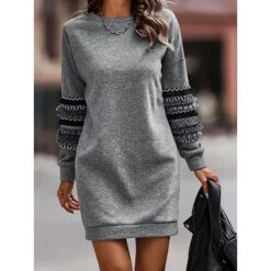 Women's Casual Dress Sweatshirt Dress Winter Dress Mini Dress Ruched Patchwork Street Daily Holiday Fashion Streetwear Crew Neck Long Sleeve 2023 Loose Fit Grey Color S M L XL Size -Tesla Style wagxky1692162754306