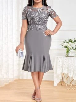 Women's Plus Size Party Dress Cocktail Dress Wedding Guest Dress Midi Dress Pink Wine Blue Short Sleeve Pure Color Lace Spring Fall Winter Crew Neck Fashion Winter Dress Wedding Guest Vacation 2023 S -Tesla Style waiwql1693806560408