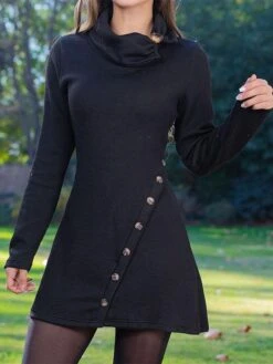 Women's Work Dress Casual Dress A Line Dress Fashion Winter Dress Daily Mini Dress Button Lapel Long Sleeve Plain Slim Black Red Fall S M L XL XXL -Tesla Style waofct1696926213926