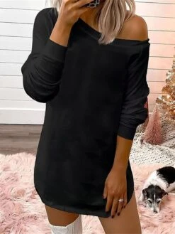 Women's Casual Dress Sweatshirt Dress Winter Dress Mini Dress Cold Shoulder Outdoor Street Daily Fashion Streetwear One Shoulder Long Sleeve 2023 Loose Fit Black Pink Color S M L XL Size -Tesla Style waujhy1693987657275