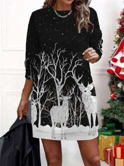 Women‘s Christmas Casual Dress Sweatshirt Dress Mini Dress Warm Fashion Outdoor Holiday Crew Neck Print Santa Claus Snowman Loose Fit Black Red Burgundy S M L XL XXL -Tesla Style wavtmb1694661940141