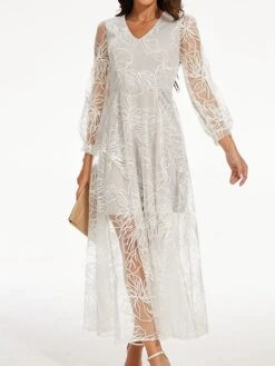 Women's Party Dress Homecoming Dress White Dress Long Dress Maxi Dress White Long Sleeve Floral Lace Spring Fall Winter V Neck Vintage Wedding Guest Fall Dress 2023 S M L XL XXL -Tesla Style wbhjbw1688378810963