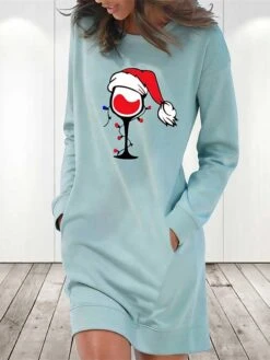 Women‘s Christmas Hoodie Dress Winter Dress Light Blue Grey White Long Sleeve Hat Pocket Print Winter Fall Crew Neck Stylish Casual Fall Dress Loose Fit 2022 S M L XL 2XL / Cotton