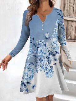 Women's Work Dress Casual Dress Fashion Winter Dress Daily Mini Dress Button Print V Neck Long Sleeve Floral Regular Fit Blue Light Purple Purple Fall Winter S M L XL XXL -Tesla Style wckjww1694671046907