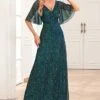 Women's Prom Dress Party Dress Sequin Dress Long Dress Maxi Dress Dark Green Short Sleeve Pure Color Ruched Summer Spring Fall V Neck Formal Wedding Guest Evening Party 2023 S M L XL XXL -Tesla Style wcldea1697089392585