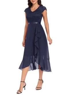 Women's Party Dress Lace Dress Cocktail Dress Midi Dress Black Wine Navy Blue Short Sleeve Pure Color Lace Spring Fall Winter V Neck Fashion Winter Dress Wedding Guest Vacation 2023 S M L XL XXL -Tesla Style wcnodr1692179102897