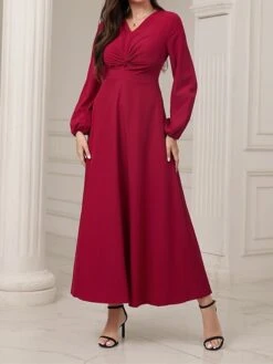 Women's Party Dress Cocktail Dress Wedding Guest Dress Long Dress Maxi Dress Red Long Sleeve Pure Color Ruched Fall Winter Autumn V Neck Fashion Winter Dress Wedding Guest Vacation 2023 S M L XL -Tesla Style wcnzik1695111806011