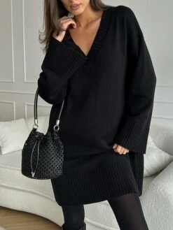 Women's Sweater Dress Jumper Dress Casual Dress Midi Dress Warm Pure Color Outdoor Casual Daily Going Out V Neck Long Sleeve 2023 Loose Fit Black Rose Red S M L -Tesla Style wcszyu1694586612497