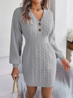 Women's Sweater Dress Winter Dress Jumper Dress Mini Dress Active Pure Color Outdoor Casual Holiday Vacation V Neck Long Sleeve Button 2023 Regular Fit White Pink Green S M L -Tesla Style wduspp1696926544440