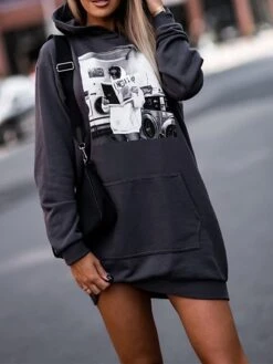 Women's Casual Dress Hoodie Dress Shift Dress Print Print V Neck Mini Dress Fashion Streetwear Outdoor Daily Long Sleeve Loose Fit Black Khaki Dark Gray Fall S M L XL XXL -Tesla Style weayyv1693206788853