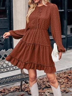 Women's Work Dress Casual Dress Fashion Winter Dress Daily Mini Dress Ruched Ruffle Crew Neck Long Sleeve Plain Loose Fit Brown Army Green Apricot Fall Winter S M L XL -Tesla Style wedebj1695645253270