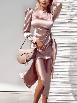Women‘s Party Dress Wedding Guest Dress Satin Dress Pink Dress Midi Dress Pink Long Sleeve Print Ruched Winter Fall Autumn Crew Neck Elegant Wedding Party Winter Dress 2023 S M L XL XXL -Tesla Style weohod1678437567788
