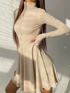 Women's Sweater Dress Jumper Dress Casual Dress Mini Dress Fashion Pure Color Outdoor Daily Vacation Going Out Turtleneck Long Sleeve Patchwork 2023 Loose Fit Pink Blue Brown S M L -Tesla Style wewaol1695643857280