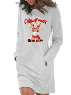 Women's Christmas Hoodie Dress Winter Dress Light Blue Grey White Long Sleeve Letter Elk Pocket Print Winter Fall Crew Neck Stylish Casual Fall Dress Loose Fit 2022 S M L XL 2XL / Cotton -Tesla Style wewhed1666175697648