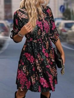 Women's Work Dress A Line Dress Fashion Office Daily Workfashion Mini Dress Patchwork Asymmetrical Shirt Collar Long Sleeve Floral Regular Fit Fuchsia Spring Fall S M L XL XXL -Tesla Style weyupp1694490801123