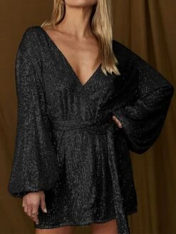 Women‘s Party Dress Sequin Dress Homecoming Dress Cocktail Dress Mini Dress Black White Champagne Long Sleeve Pure Color Sparkly Glitter Lace Up Fall Winter Autumn V Neck Wedding Guest -Tesla Style wfgnvk1694592547167