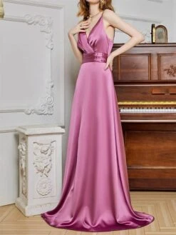 Women's Prom Dress Party Dress Satin Dress Long Dress Maxi Dress Champagne Pink Red Sleeveless Pure Color Backless Spring Fall Winter Spaghetti Strap Fashion Winter Dress Evening Party Wedding Guest -Tesla Style wfxrfo1692079367980