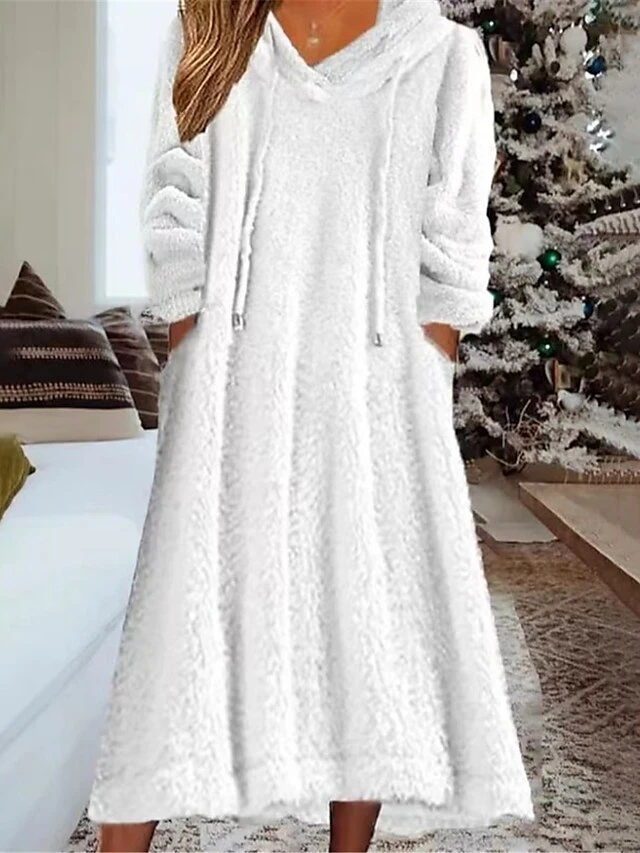 Women's Casual Dress Hoodie Dress Midi Dress Daily Basic Outdoor Vacation Going Out V Neck Pocket Solid Color Loose Fit Black White Green S M L XL XXL 3 Women's Casual Dress Hoodie Dress Midi Dress Daily Basic Outdoor Vacation Going Out V Neck Pocket Solid Color Loose Fit Black White Green S M L XL XXL