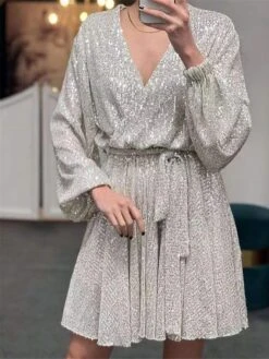 Women's Party Dress Sequin Dress Homecoming Dress Mini Dress Silver Gold Long Sleeve Pure Color Lace Up Summer Spring V Neck Party 2023 S M L XL -Tesla Style wgykwy1673338806771