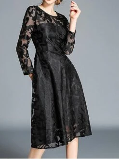 Women's Party Dress Lace Dress Swing Dress Midi Dress Wine Red Black Blue Long Sleeve Pure Color Lace Winter Fall Spring Crew Neck Elegant Party Winter Dress Wedding Guest 2023 S M L XL 2XL 3XL -Tesla Style whapxv1645779843120