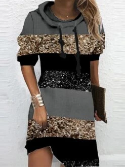Women‘s Hoodie Dress Winter Dress Black Pink Dark Gray Long Sleeve Color Block Striped Print Winter Fall Hooded Vacation Casual Fall Dress 2022 S M L XL XXL 3XL -Tesla Style whdbos1665746398131