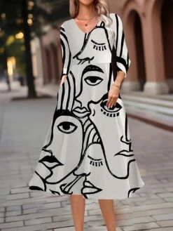 Women's Work Dress Swing Dress A Line Dress Fashion Midi Dress Pocket Print V Neck 3/4 Length Sleeve Abstract Regular Fit Black White Apricot Fall Winter S M L XL XXL -Tesla Style whhprg1693374108869