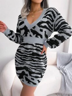 Women's Sweater Dress Jumper Dress Casual Dress Mini Dress Fashion Stripe Outdoor Daily Going Out V Neck Long Sleeve 2023 Loose Fit Blue Khaki Gray S M L -Tesla Style whnftk1695030492131