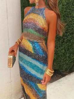 Women‘s Prom Dress Party Dress Homecoming Dress Sequin Dress Long Dress Maxi Dress Blue Purple Sleeveless Ombre Sequins Sparkly Glitter Spring Fall Winter Spaghetti Strap Fashion Wedding Guest -Tesla Style whqymd1693983151473