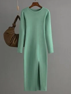 Women's Sweater Dress Jumper Dress Winter Dress Midi Dress Warm Plain Outdoor Daily Vacation Going Out Crew Neck Long Sleeve 2023 Slim Black Sky Blue Green One Size -Tesla Style whslpj1697767723473