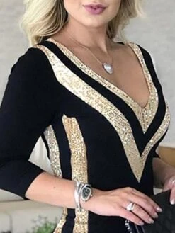 Women's Party Dress Bodycon Sheath Dress Midi Dress Black 3/4 Length Sleeve Color Block Sequins Fall Winter Autumn V Neck Stylish Party 2023 S M L XL 7 Women's Party Dress Bodycon Sheath Dress Midi Dress Black 3/4 Length Sleeve Color Block Sequins Fall Winter Autumn V Neck Stylish Party 2023 S M L XL -Tesla Style whynyd1653018354842