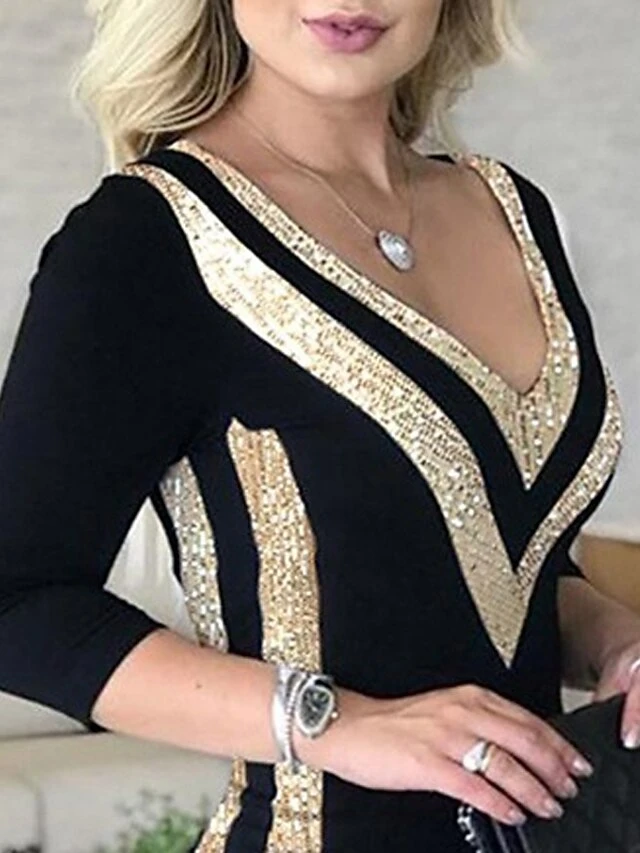 Women's Party Dress Bodycon Sheath Dress Midi Dress Black 3/4 Length Sleeve Color Block Sequins Fall Winter Autumn V Neck Stylish Party 2023 S M L XL 5 Women's Party Dress Bodycon Sheath Dress Midi Dress Black 3/4 Length Sleeve Color Block Sequins Fall Winter Autumn V Neck Stylish Party 2023 S M L XL - Image 3