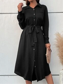 Women's Work Dress Casual Dress Black Dress Fashion Office Daily Workfashion Midi Dress Lace Up Button Shirt Collar Long Sleeve Plain Loose Fit Black Fall Winter S M L XL -Tesla Style whzdyv1695105090664