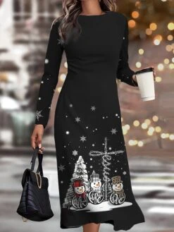 Women's Christmas Work Dress Casual Dress Semi Formal Dress Fashion Winter Dress Daily Midi Dress Print Crew Neck Long Sleeve Snowman Christmas Tree Slim Black Red Gold Fall Winter S M L XL XXL