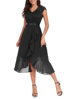 Women's Party Dress Lace Dress Cocktail Dress Midi Dress Black Wine Navy Blue Short Sleeve Pure Color Lace Spring Fall Winter V Neck Fashion Winter Dress Wedding Guest Vacation 2023 S M L XL XXL -Tesla Style wirjrv1692179106046