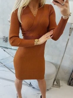 Women's Sweater Dress Jumper Dress Casual Dress Midi Dress Warm Plain Outdoor Casual Daily Going Out V Neck Long Sleeve 2023 Slim Black Purple Brown XS S M L XL XXL 3XL -Tesla Style wjbjzc1694576611367