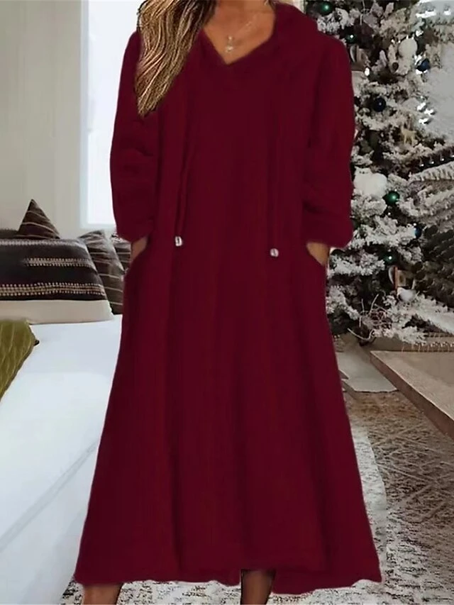 Women's Casual Dress Hoodie Dress Midi Dress Daily Basic Outdoor Vacation Going Out V Neck Pocket Solid Color Loose Fit Black White Green S M L XL XXL 8 Women's Casual Dress Hoodie Dress Midi Dress Daily Basic Outdoor Vacation Going Out V Neck Pocket Solid Color Loose Fit Black White Green S M L XL XXL - Image 6