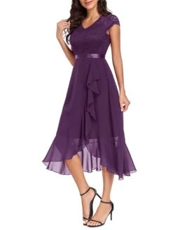 Women's Party Dress Lace Dress Cocktail Dress Midi Dress Black Wine Navy Blue Short Sleeve Pure Color Lace Spring Fall Winter V Neck Fashion Winter Dress Wedding Guest Vacation 2023 S M L XL XXL -Tesla Style wjpmzi1692179103728