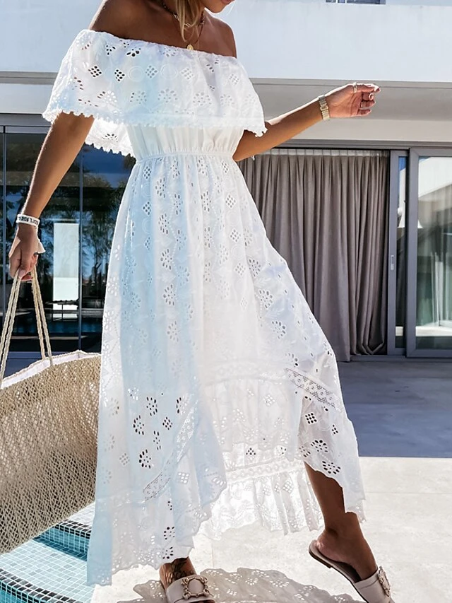 Women's Party Dress Casual Dress Swing Dress Long Dress Maxi Dress White Short Sleeve Pure Color Lace Summer Spring Off Shoulder Vacation 2023 S M L XL 8 Women's Party Dress Casual Dress Swing Dress Long Dress Maxi Dress White Short Sleeve Pure Color Lace Summer Spring Off Shoulder Vacation 2023 S M L XL - Image 6