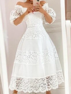 Women's Party Dress Lace Dress A Line Dress Long Dress Maxi Dress White Half Sleeve Pure Color Lace Spring Fall Autumn Off Shoulder Modern 2023 S M L XL XXL -Tesla Style wkhxfa1646129726394