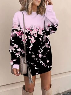 Women's Casual Dress Sweatshirt Dress Mini Dress Warm Fashion Outdoor Vacation Going Out Crew Neck Print Floral Loose Fit Yellow Pink Blue S M L XL XXL