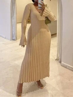 Women's Sweater Dress Winter Dress Jumper Dress Long Dress Maxi Dress Pleated Ribbed Daily Date Going Out Fashion Basic V Neck Long Sleeve 2023 Regular Fit Black White Apricot Color S M L Size -Tesla Style wkqdtq1692172893448