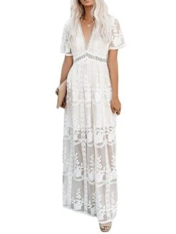 Women's Party Dress Lace Dress Sheath Dress Long Dress Maxi Dress White Short Sleeve Pure Color Fall Spring Summer Deep V S M L XL XXL -Tesla Style wlgelf1648031007701