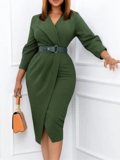 Women's Work Dress Casual Dress Sheath Dress Fashion Office Daily Workfashion Midi Dress Lace Up Ruched V Neck Long Sleeve Plain Regular Fit Red Green Dark Blue Fall Winter S M L XL XXL -Tesla Style wlpznx1695645165942