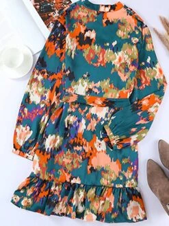 Women's Work Dress A Line Dress Fashion Mini Dress Lace Up Ruffle V Neck Long Sleeve Floral Regular Fit Black Pink Blue Fall S M L XL -Tesla Style wlrwmj1694490796721