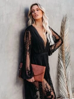 Women's Party Dress Lace Dress White Dress Long Dress Maxi Dress Black Red Wine White Long Sleeve Pure Color Mesh Winter Fall Spring V Neck Romantic Wedding Party Winter Dress 2023 S M L XL XXL -Tesla Style wltrdi1633675353308